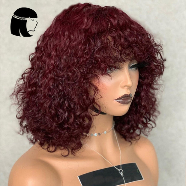 Full Machine Made Wigs Highlight Honey #27 #30 Blonde Brown Burgundy 99J Human Hair Wigs For Women Jerry Curly Wigs With Bangs