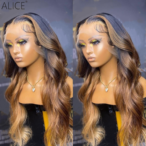ALICE Highlight Wave 13x4 Lace Front Human Hair Wigs 180 Density Brazilian Hair With Baby Hair Pre-Plucked For Black Women