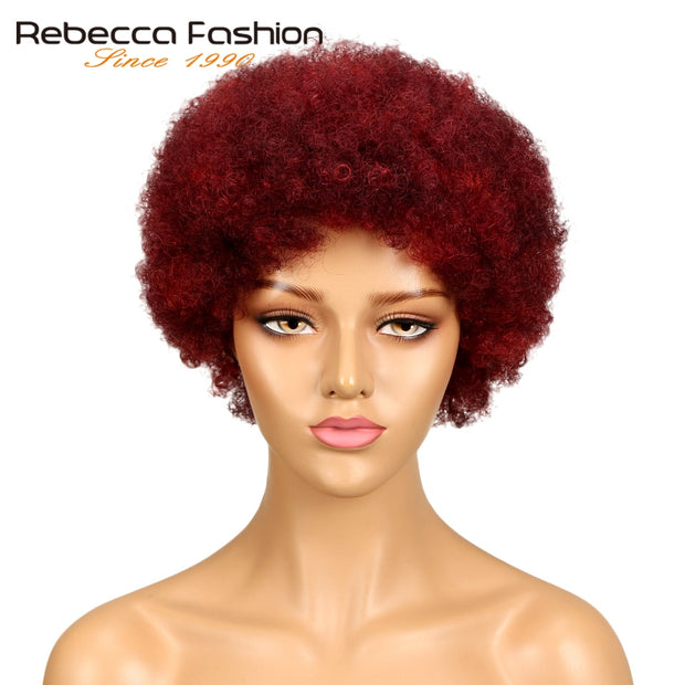 Rebecca Short Brazilian Afro Kinky Curly Wig Color 2# Dark Brown Red Human Hair Kinky Curly Non Lace Wigs For Women