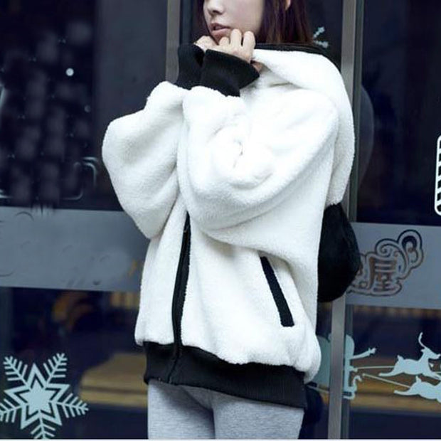 kawaii Hoodies Women fur Coat sweatshirt zip-up Cute Panda Ear cap autumn winter Warm Hooded turtleneck Outerwear sudadera mujer