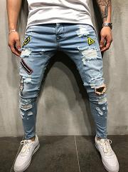 Fashion New Male hole badge embroidery denim trousers pants Men&#39;s streetwear hiphop skinny Casual Patch Jeans