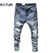 Ripped Jeans For Men Skinny Slim Fit Light Blue Spring 2021 New Frayed Streetwear Hip Hop Denim Pants Patchwork Men&#39;s Trousers