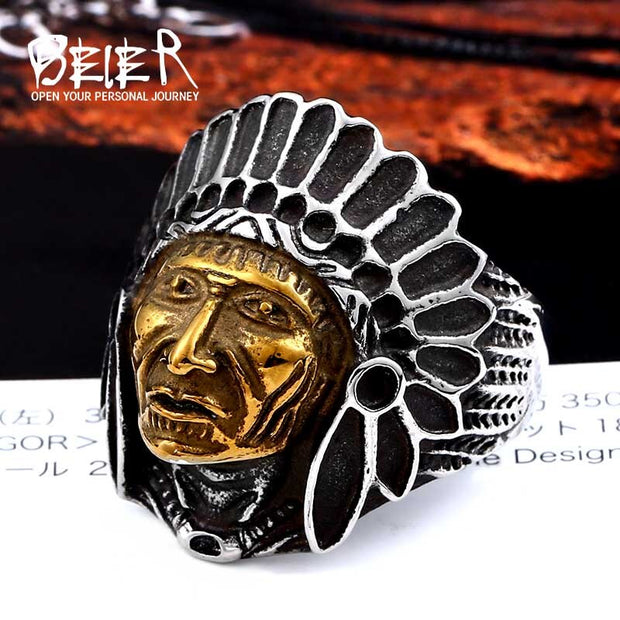 BEIER Chief Stainless Steel USA Indiana Motorcycle Rider Fashion Men&#39;s Skull Ring BR8-231 US Size 7-13