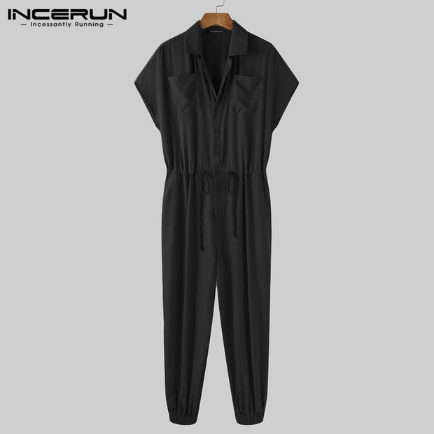 INCERUN Summer Men Casual Jumpsuits Solid Shortsleeve Streetwear Thin Rompers Loose Breathable Button Men Cargo Overalls S-5XL