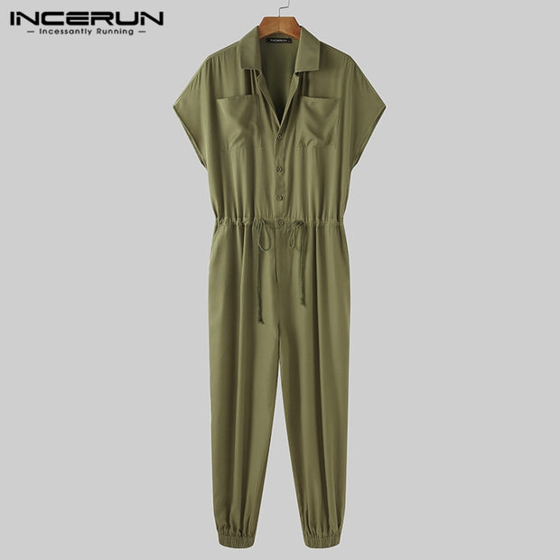 INCERUN Summer Men Casual Jumpsuits Solid Shortsleeve Streetwear Thin Rompers Loose Breathable Button Men Cargo Overalls S-5XL