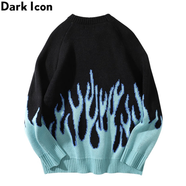 DARK ICON Blue Flame Sweater Me 2019 Winter Streetwear Men&#39;s Sweaters Pullover Knitwear Sweater for Men