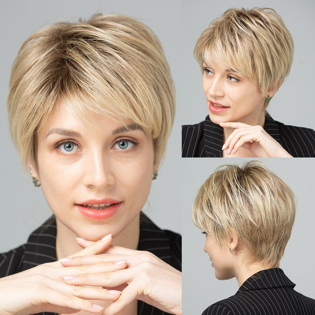 EASIHAIR Blonde Ombre perruques courtes perruques de cheveux synthétiques pour les femmes cheveux naturels Futura avec frange perruques quotidiennes résistant à la chaleur
