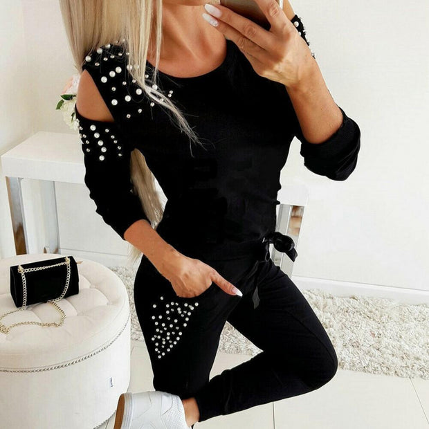 Tracksuit Women Two Piece Set Beading Decor Cold Shoulder Long Sleeve Top + Pants Jogger Suit Female Casual Lounge Wear Outfits