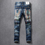 Streetwear américain Mode Hommes Jeans Peint Designer Slim Fit Élastique Punk Pantalon Spliced ​​Biker Jeans Homme Hip Hop Pantalon