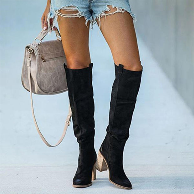 Women knee Boots Women&#39;s Retro Shoes Woman Sexy High Heels Ladies Solid Suede Pumps Female Autumn Winter Long Boots Big Size