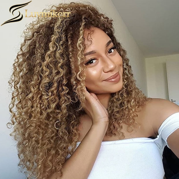 Colored Afro Mongolian Kinky Curly Wig 13x6 Highlighted Hd Transparent Lace Frontal Honey Blonde Human Hair Wigs Pre plucked