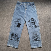 Vintage Washed Jeans Women Streetwear Jeans Harajuku Cartoon Anime Print Jeans Fashion Girl Jeans Loose Wide Leg Pants Cotton