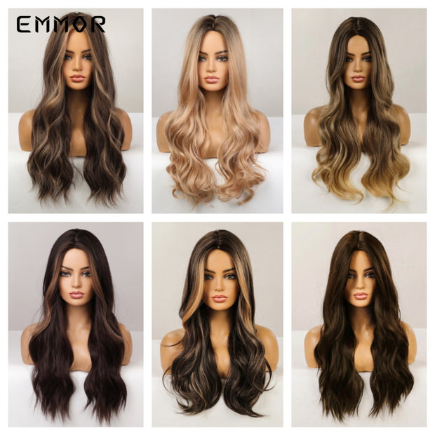 Emmor  Synthetic Wigs Long Wavy Ombre Brown with BlondeNatural Hair Wigs for Women Cosplay Wigs Heat Resistant Fiber Hair Wig