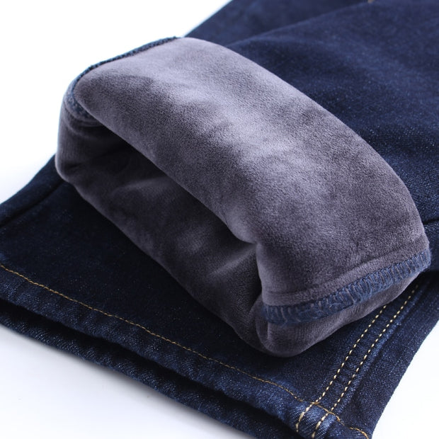 2022 Winter New Men&#39;s Warm Slim Fit Jeans Business Fashion Thicken Denim Trousers Fleece Stretch Brand Pants Black Blue