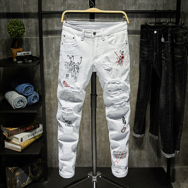 Mode à la mode broderie lettres hommes collège garçons maigre piste fermeture éclair Denim pantalon détruit déchiré jean noir blanc jean