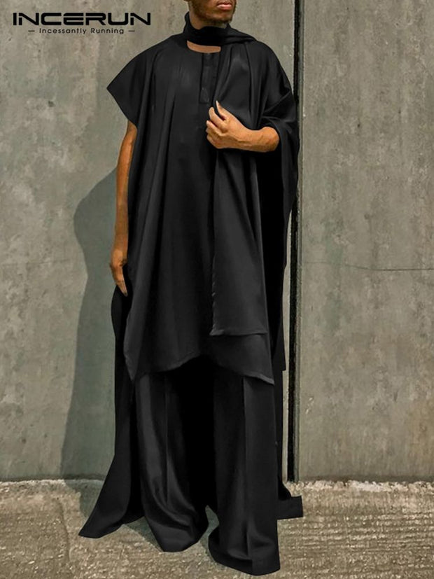 Men Sets Muslim Islamic Arabic Kaftan Sets Loose Solid Asymmetrical Sleeve Robes &amp; Pants Two Pieces Sets Men Suits INCERUN 5XL 7