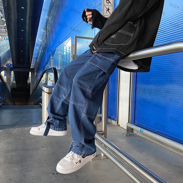 Men Jeans Wide Leg Denim Cargo jean pants Loose Straight Baggy Men&#39;s Jeans hip hop Streetwear Skateboard  Neutral denim Trousers