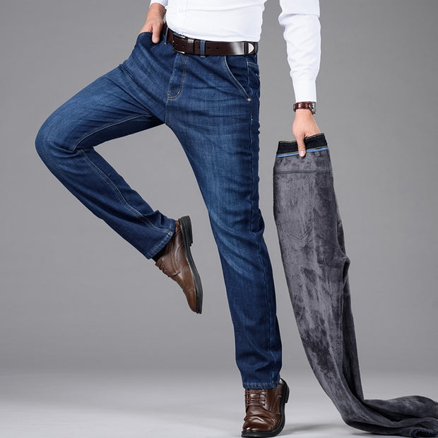 Classic Style Winter Men&#39;s Warm Business Jeans Fashion Casual Denim Stretch Cotton Thick Fleece Denim Pants Male Brand Trousers