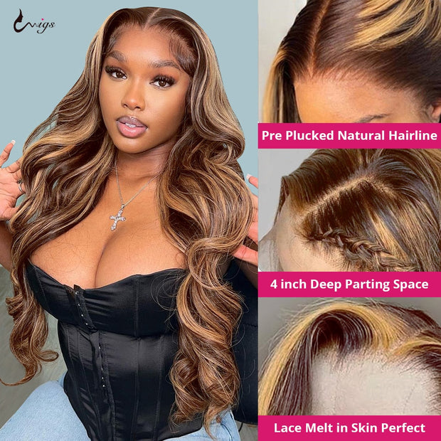 30 inch Highlight Wig Human Hair Colored Honey Blonde Lace Front Human Hair Wigs for Women Ombre Body Wave Lace Front Wig