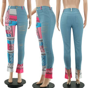Bandana Print Women Jeans Distressed Skinny Denim Pants Flare Slim Bottoms Fitness Autumn Winter Streetwear Outfits Trousers