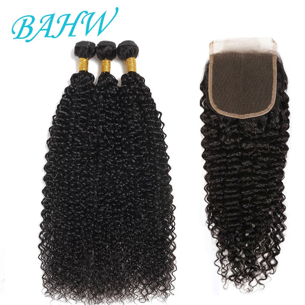 BAHW Hair Brazilian Kinky Curly Bundles With Closure 3 Bundles Human Hair With Closure Remy Hair Weave Bundles With Closure 30''