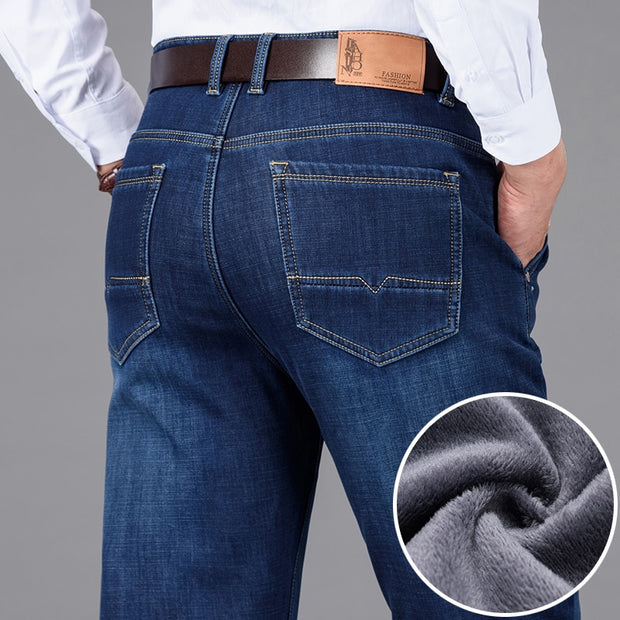 Classic Style Winter Men&#39;s Warm Business Jeans Fashion Casual Denim Stretch Cotton Thick Fleece Denim Pants Male Brand Trousers