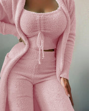 2022 nouveau automne hiver femmes velours pyjamas ensemble haut court + pantalons longs + manteau 3 pièces costume chaud doux polaire Homewear pyjamas S-3XL