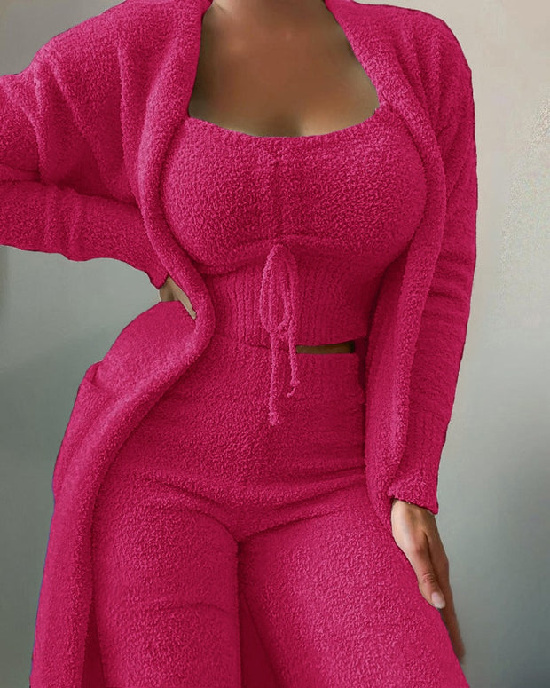 2022 New Autumn Winter Women&#39;s Velvet Pajamas Set Crop Top+Long Pants+Coat 3 Pieces Suit Warm Soft Fleece Homewear Pyjamas S-3XL