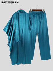 Men Sets Muslim Islamic Arabic Kaftan Sets Loose Solid Asymmetrical Sleeve Robes &amp; Pants Two Pieces Sets Men Suits INCERUN 5XL 7