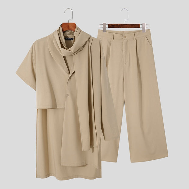 Men Sets Solid Vintage Streetwear 2022 Scarf Irregular Sleeve Asymmetrical Shirts &amp; Wide Leg Pants Men Casual Suits INCERUN 5XL