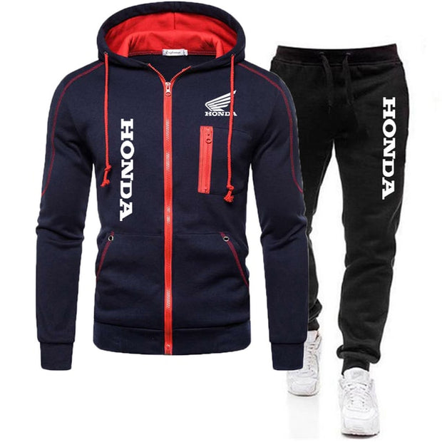 Trend Men&#39;s Tracksuit Honda Logo Print Zipper Pullover Hooded Sweatshirt&amp;Pants 2 Piece Sports Suit Jogging Fitness Men Clothing