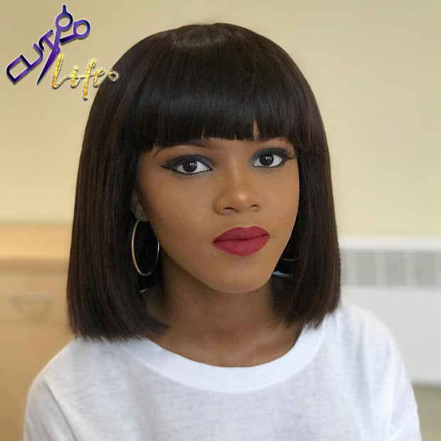 Straight Bob Human Hair Wig With Bangs Brazilian Honey Natural Full Machine Made For Black Women Ombre Brown Honey Blonde Wig