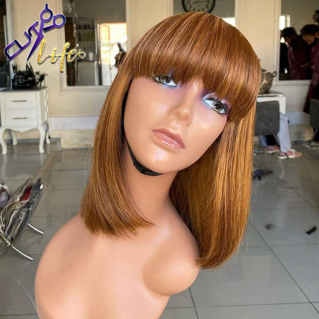 Straight Bob Human Hair Wig With Bangs Brazilian Honey Natural Full Machine Made For Black Women Ombre Brown Honey Blonde Wig