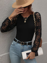 Lace Sleeve Round Neck Ribbed Top