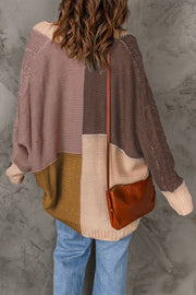 Cardigan à manches chauve-souris en tricot torsadé à blocs de couleurs