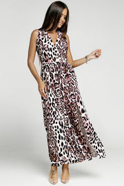 Leopard Print Open Back Split Sleeveless Dress