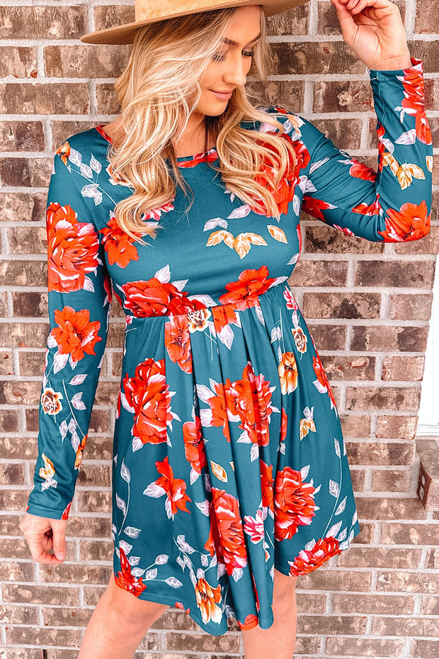 Floral Long Sleeve Pleated Detail Dress
