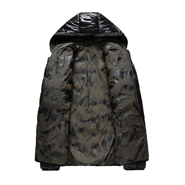 男士冬季绗缝夹克连帽厚双面外套优质光滑闪亮拉链休闲运动商务时尚潮流
