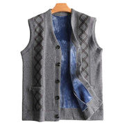 Men's V-Neck Autumn Vest Coat Winter Warm Vest Knitwear Fleece Lined Waistcoat Sleeveless Jacket; Grey