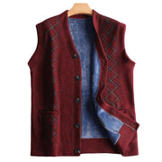 Men's V-Neck Autumn Vest Coat Winter Warm Vest Knitwear Fleece Lined Waistcoat Sleeveless Jacket; Wine Red