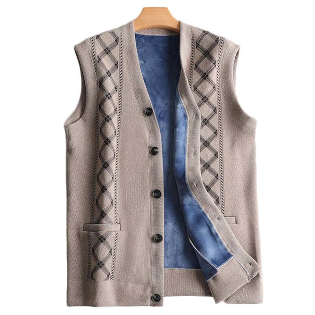 Men's V-Neck Autumn Vest Coat Winter Warm Vest Knitwear Fleece Lined Waistcoat Sleeveless Jacket; Khaki