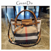Luxury Plaid Canvas Women's Bag High Capacity Genuine Leather Female Bucket Tote Handbag Business Top Handle Shoulder Bag